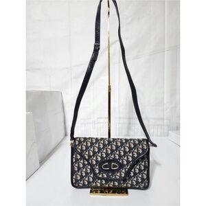 Authentic CHRISTIAN DIOR Vintage Trotter Jacquard Shoulder Bag Black/Beige